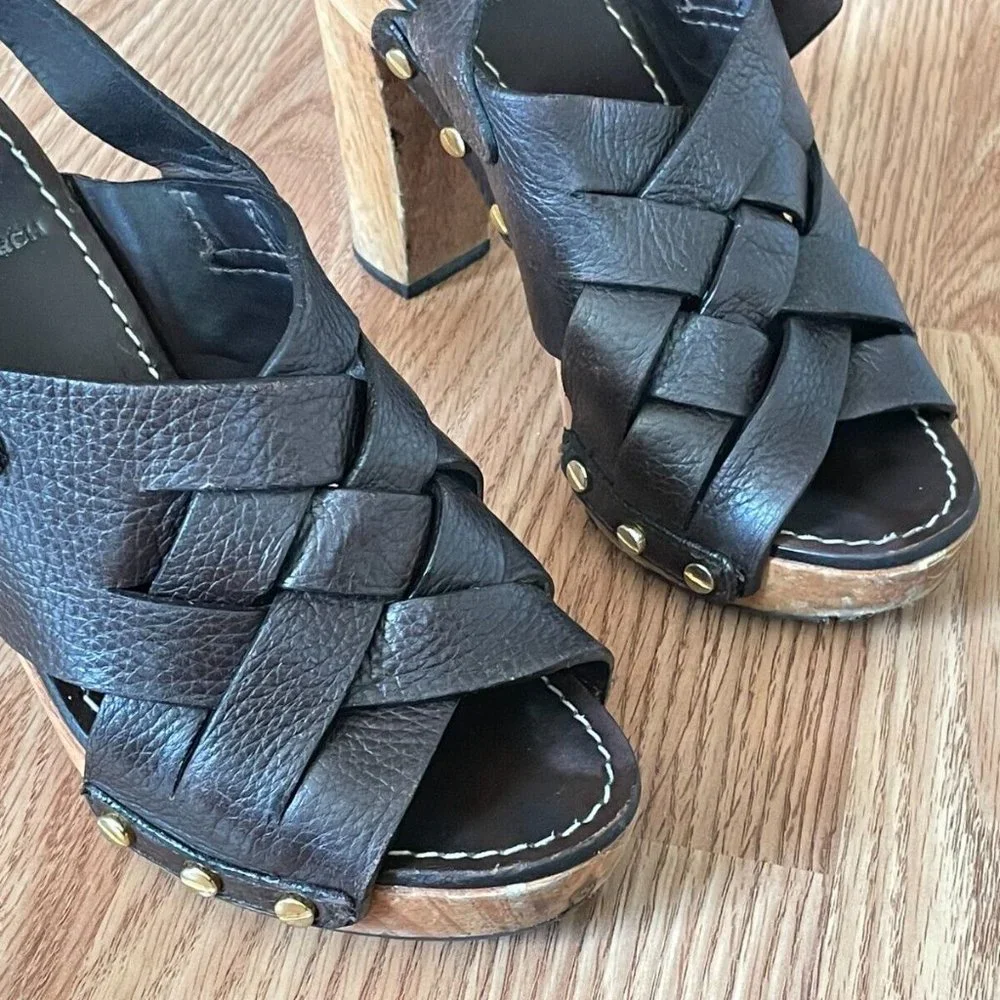 Tory Burch Women Heel Sandal Shoes Dark Brown Leather Upper Wood Heel Size 6 - Picture 5 of 12